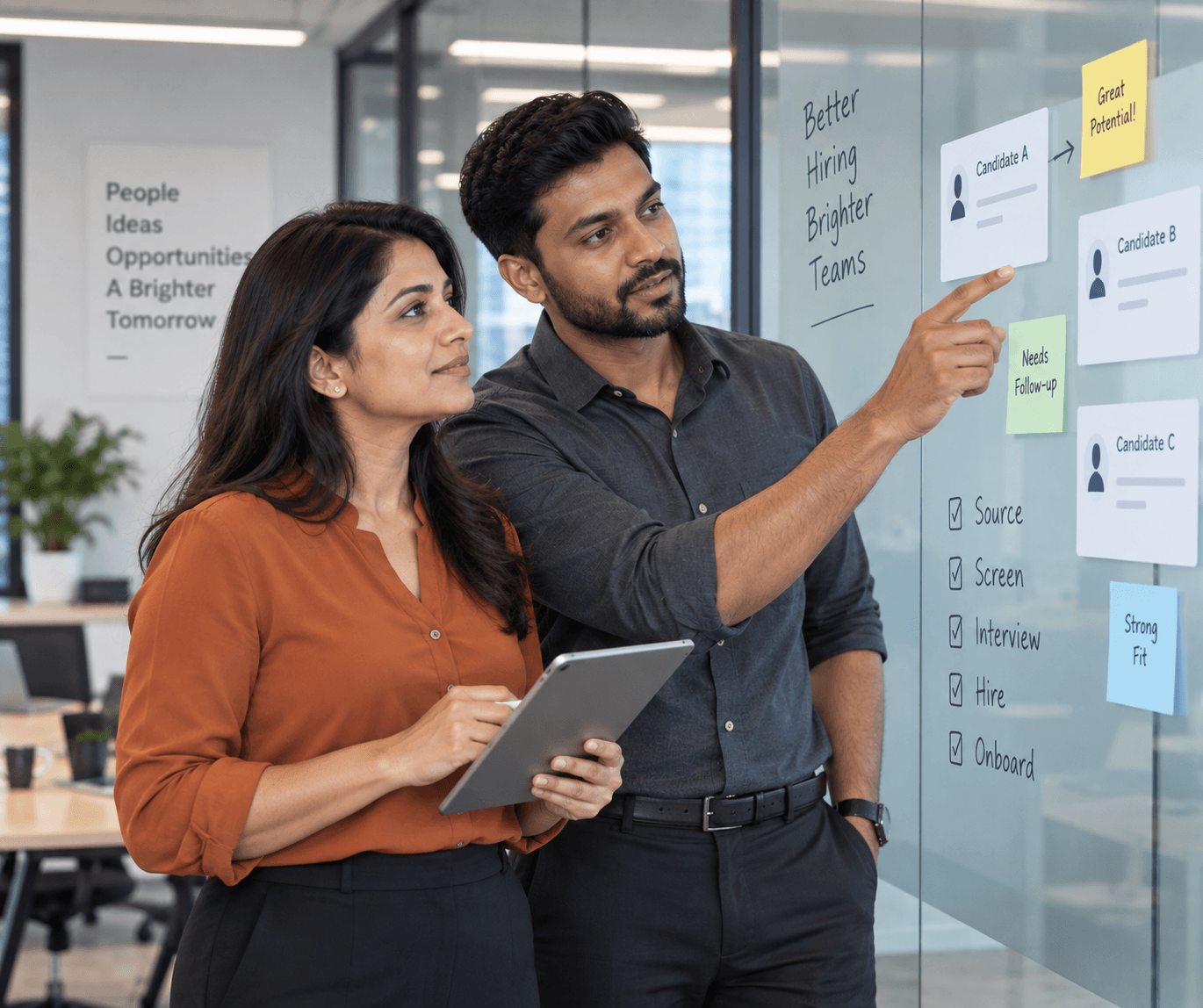 Two colleagues comparing candidate cards on a glass planning wall