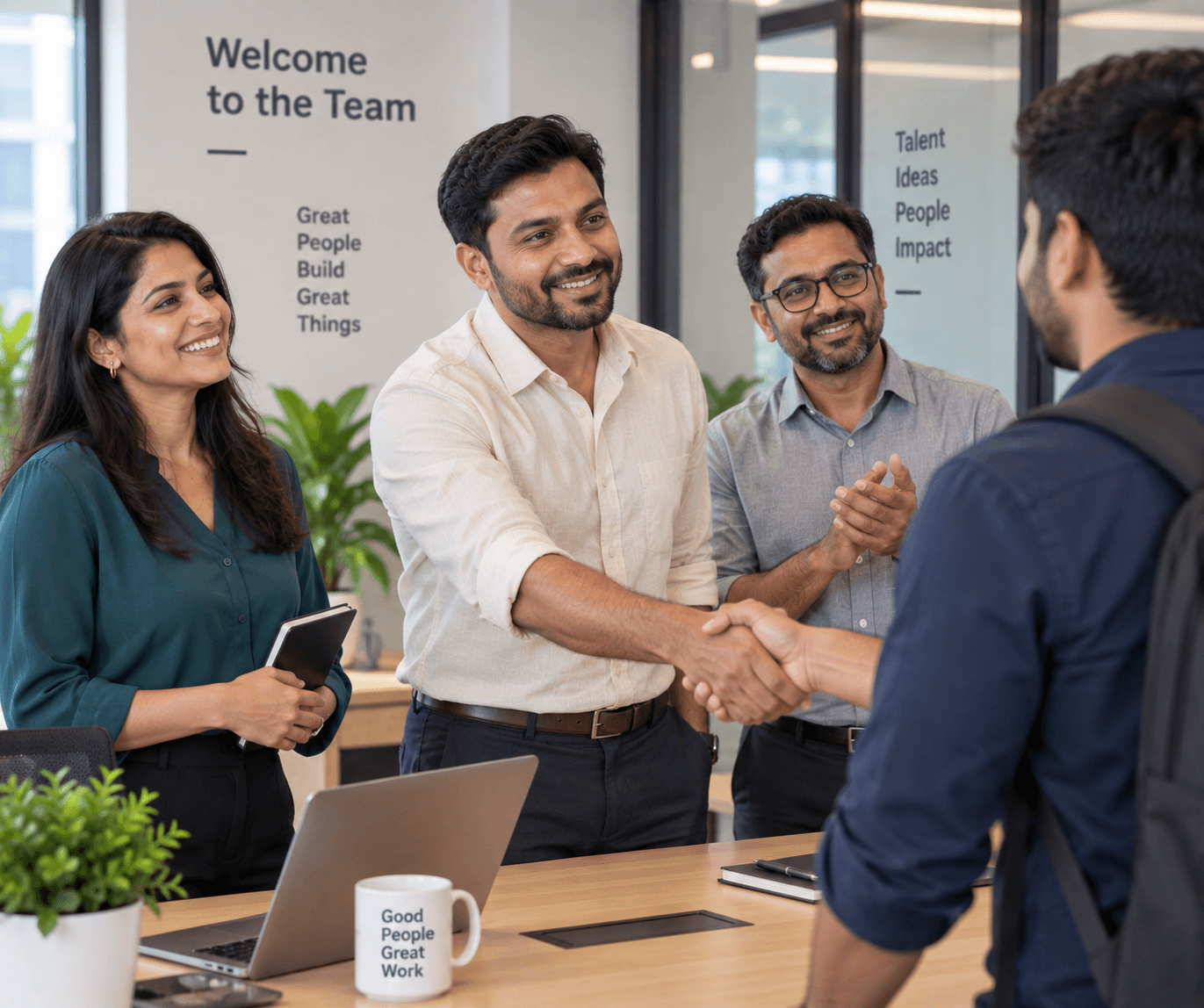 Hiring team welcoming a new colleague with a handshake