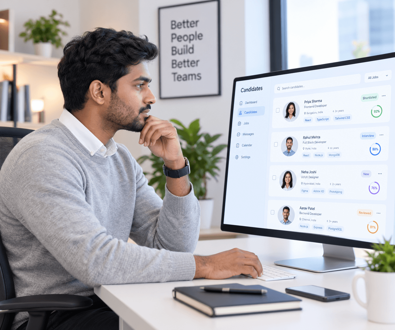 Recruiter reviewing ranked candidate profiles on a large monitor