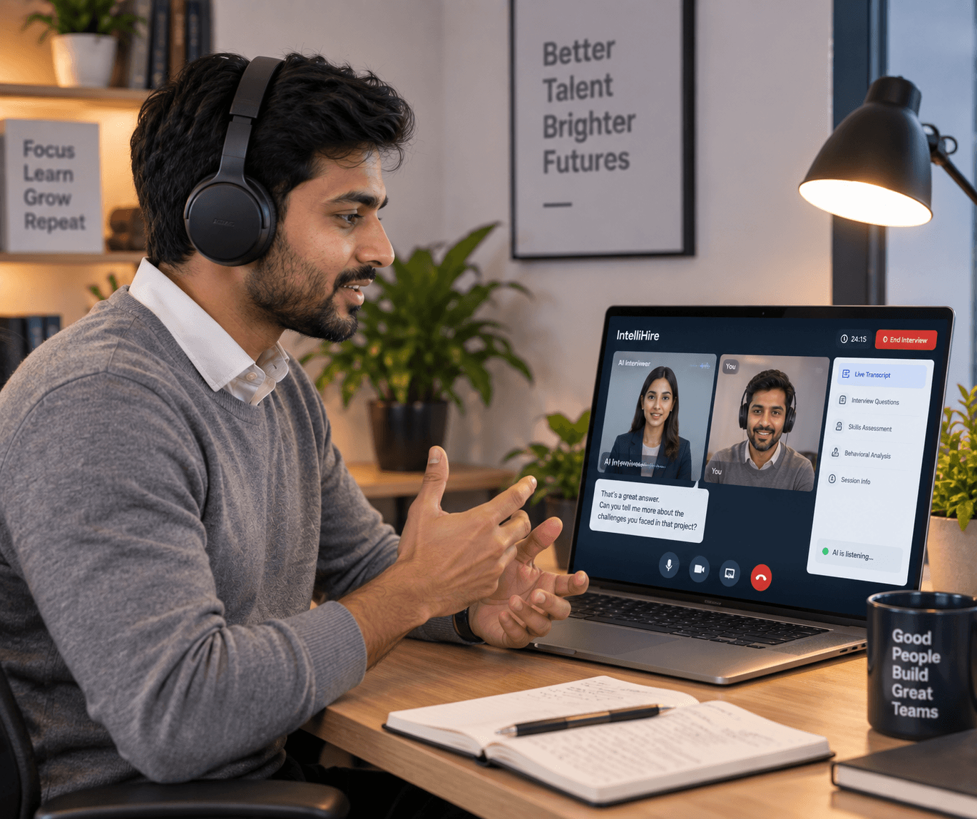 Candidate in an AI-led voice interview with live transcript on screen