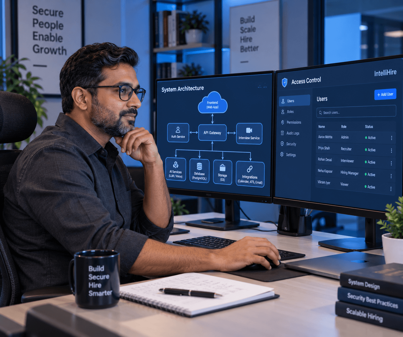 Engineer reviewing system architecture and access control panels
