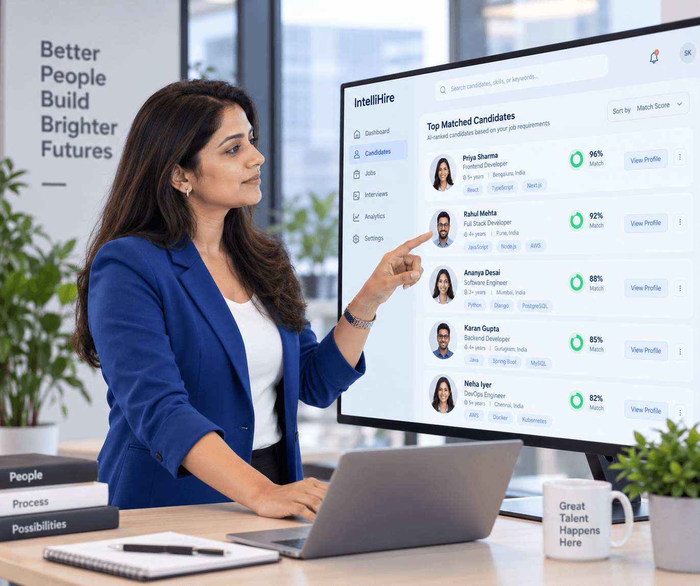Recruiter reviewing AI-ranked candidate matches on a large screen
